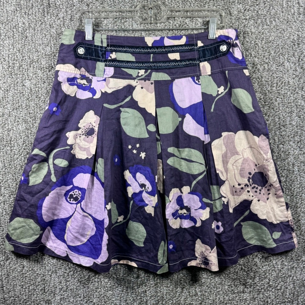 Toi et Moi Cotton Floral A-Line Skirt Purple Green Pleated Romantic Womens Large